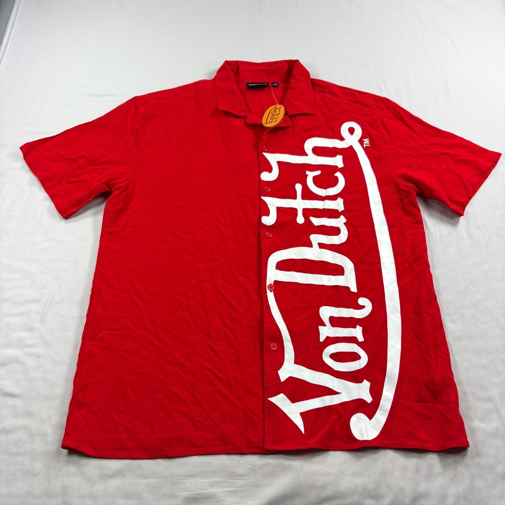 Von Dutch Shirt Mens Large Red Button Up Short Sleeve Big Logo Rayon Camp NEW